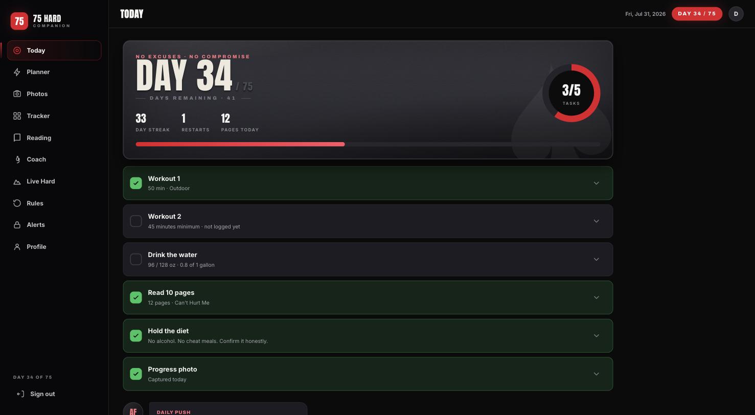 The Today screen: six daily checkboxes with day progress